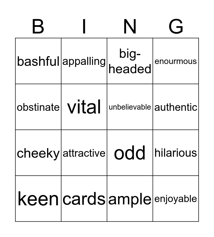 English Bingo Card