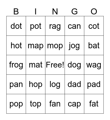 -od, -op, -ot Bingo Card