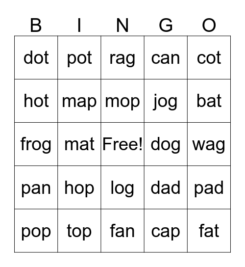 -od, -op, -ot Bingo Card
