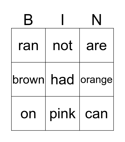 Sight Words Bingo Card