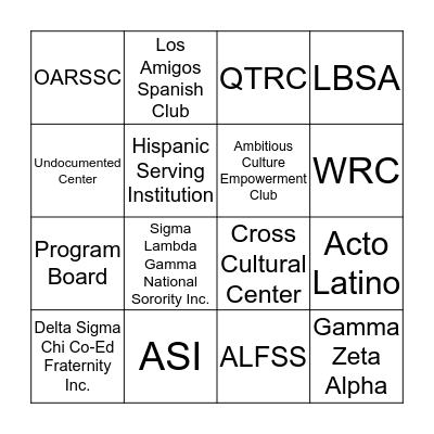 Hispanic Serving Institution Student Showcase Bingo Card
