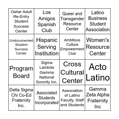 Hispanic Serving Institution Student Showcase Bingo Card