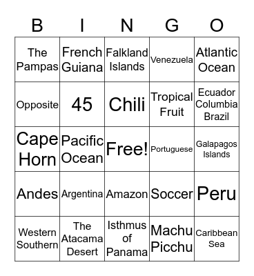 South America Bingo Card