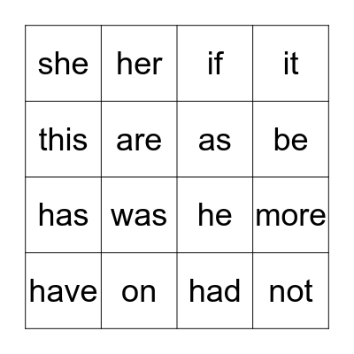 Sight Words Bingo Card