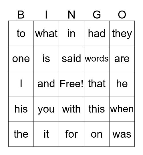 1-20 fry words Bingo Card