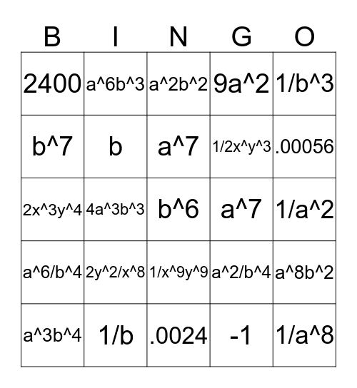 Exponent Bingo Card