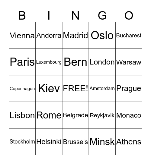 European Capitals Bingo Card