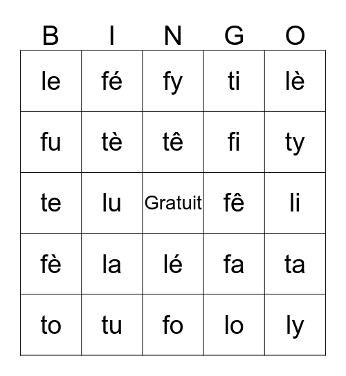 F, T et L Bingo Card