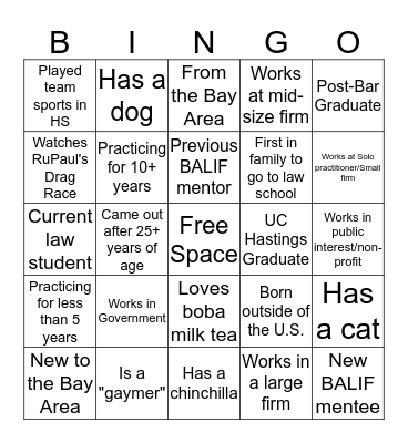 BALIF Mentor-Mentee "Minglo" Bingo Card