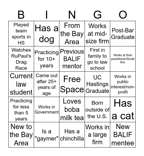 BALIF Mentor-Mentee "Minglo" Bingo Card
