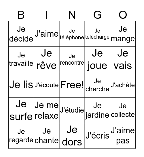 Les verbes et les passe temps Bingo Card