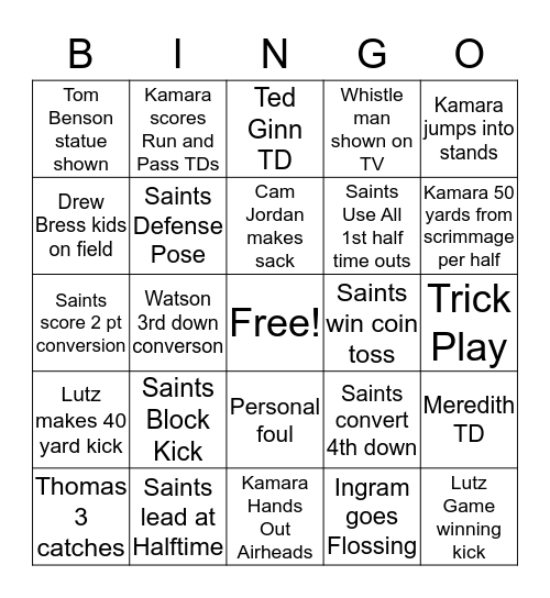 New Orleans Saints Bingo Card