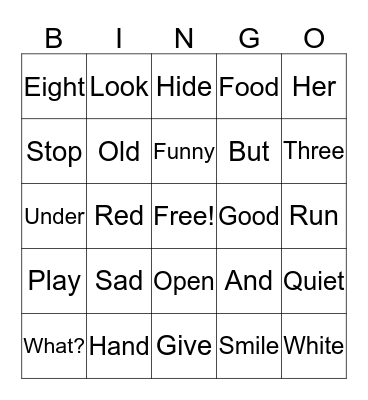 Sight Words Bingo Card
