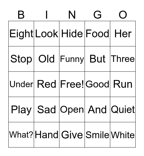 Sight Words Bingo Card