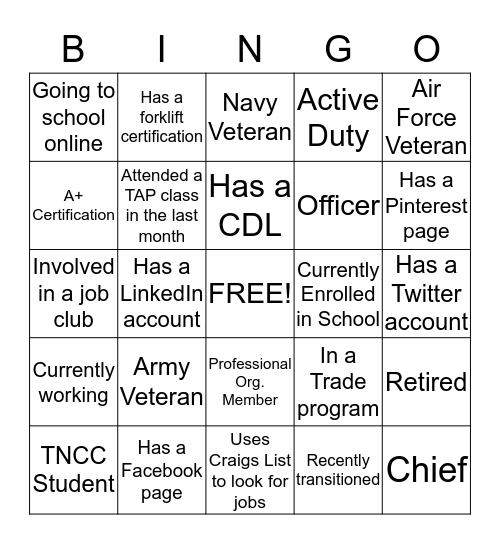 Career Fair  Bingo Card