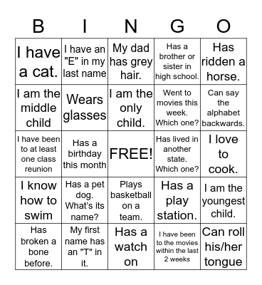Getting To Know You Bingo Card