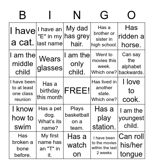 Getting To Know You Bingo Card