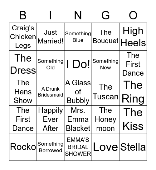 Emma's Bridal BINGO! Bingo Card