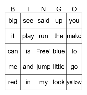 Sight Words Card 1 Bingo Card