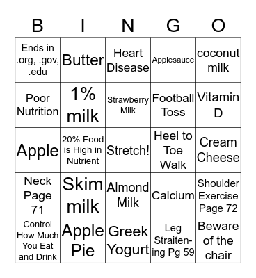 DAIRY FOOD BINGO Card