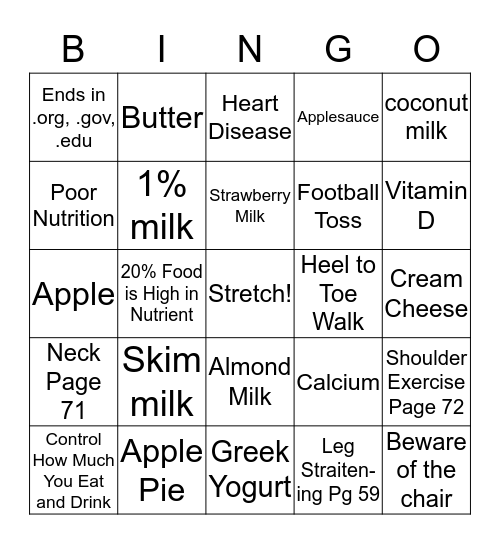 DAIRY FOOD BINGO Card