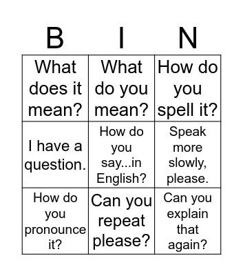 Classroom language Bingo Card