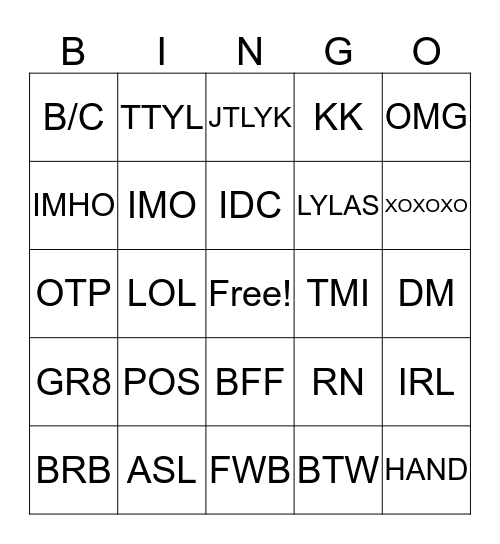 Texting Lingo Bingo Card