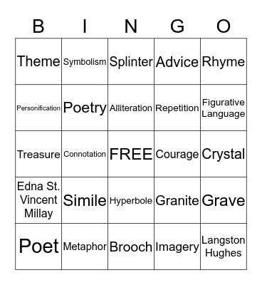 Poetry Bingo Card