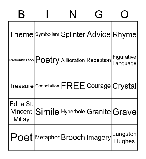 Poetry Bingo Card