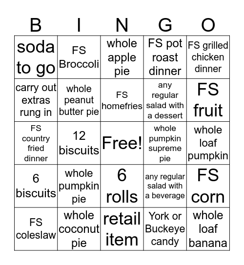 Carry Out Bingo Card