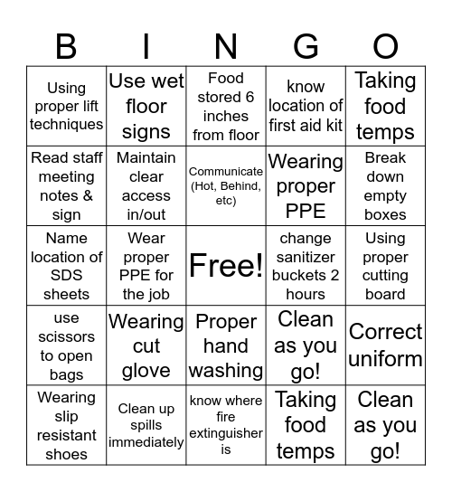 Safety Bingo Card