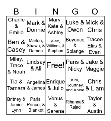 Celebrity Siblings Bingo Card