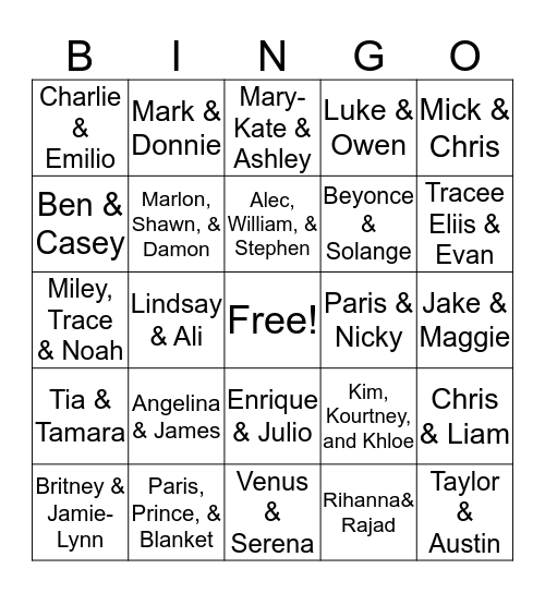 Celebrity Siblings Bingo Card