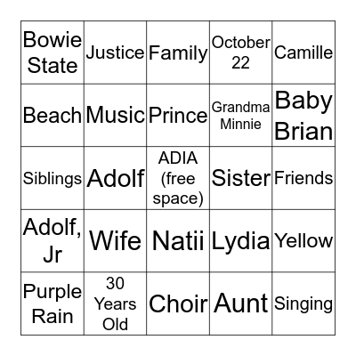 Adia's 30th Birthday! Bingo Card