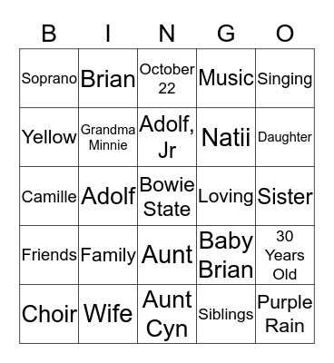 Adia's 30th Birthday Bingo Card
