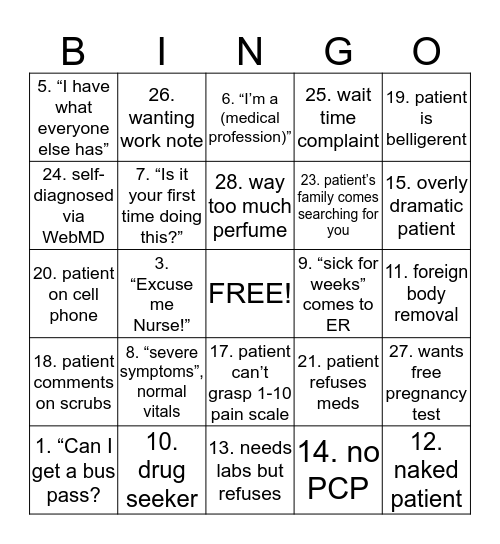 Patient Bingo Card
