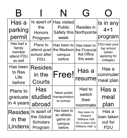 FDU Bingo Card