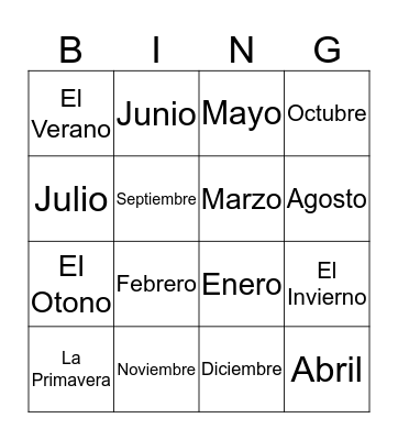 Months and Seasons Bingo Card