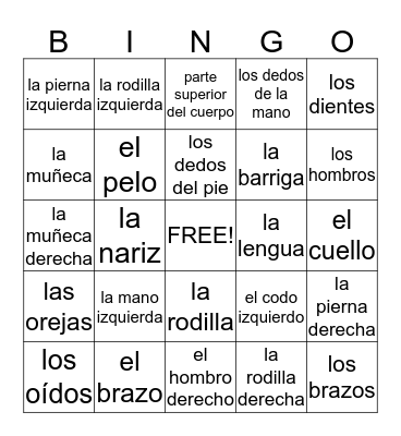 Body parts in Spanish Bingo Card