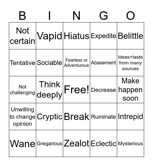 Vocabulary Review Bingo Card