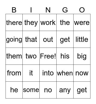 Sight Word Bingo Card