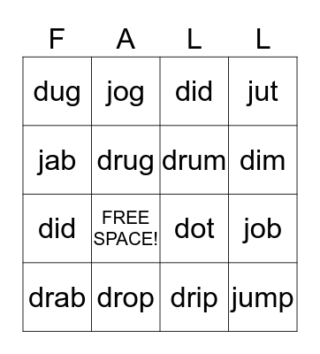 Fall Word Study BINGO Card