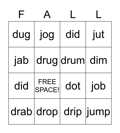 Fall Word Study BINGO Card