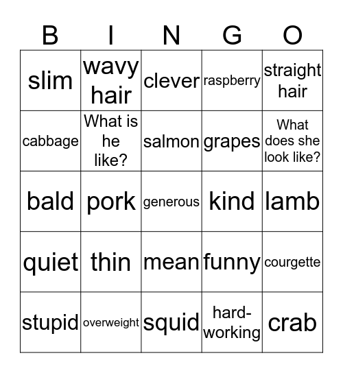 Appearance/Personality Bingo Card