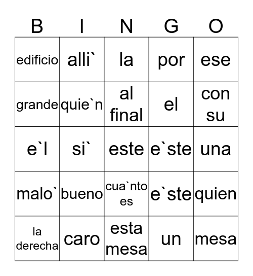 Spanish II Bingo Card