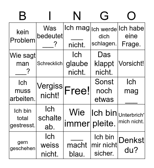 Deutsch 2 Phrase 1 Bingo Card