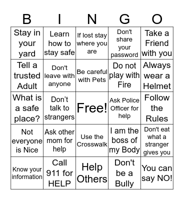 Child Safety Bingo Card