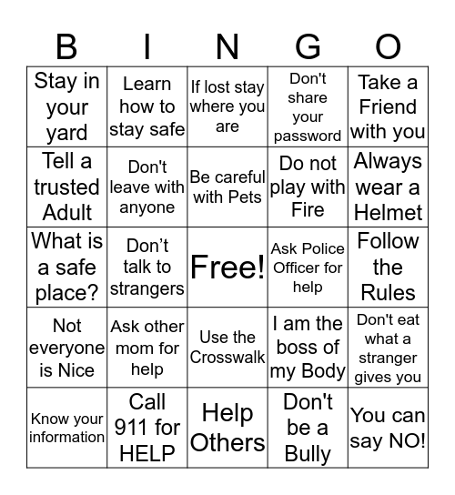 Child Safety Bingo Card