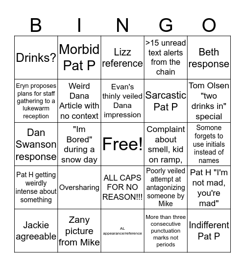 AIHS staff Bingo Card