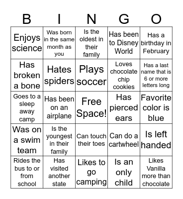 Getting to know you Bingo Card